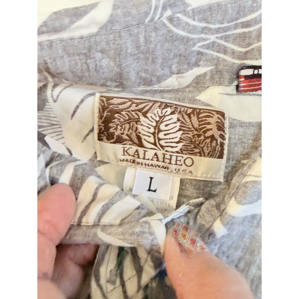 Kalaheo Hawaii Mens Large Cotton Aloha Hawaiian Camp Shirt Gray Leaf Print